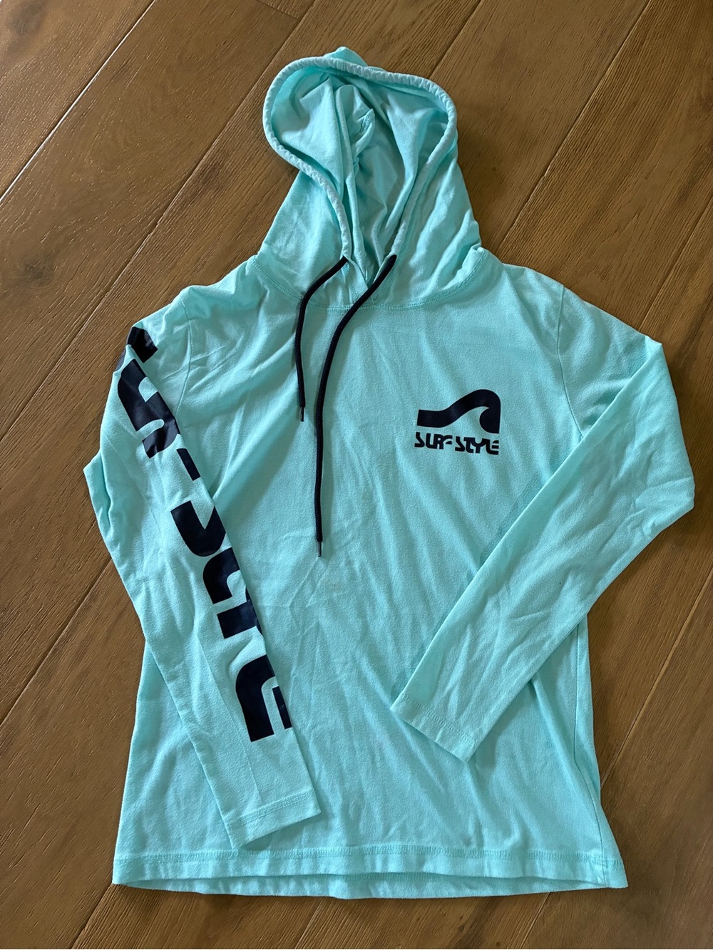 Surf Style Aqua Hooded Long-Sleeve Pullover with Navy Logo